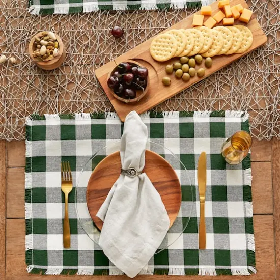 DII&reg; Heavyweight Check Fringed Cotton Placemats, 6ct. Hunter Green {6}