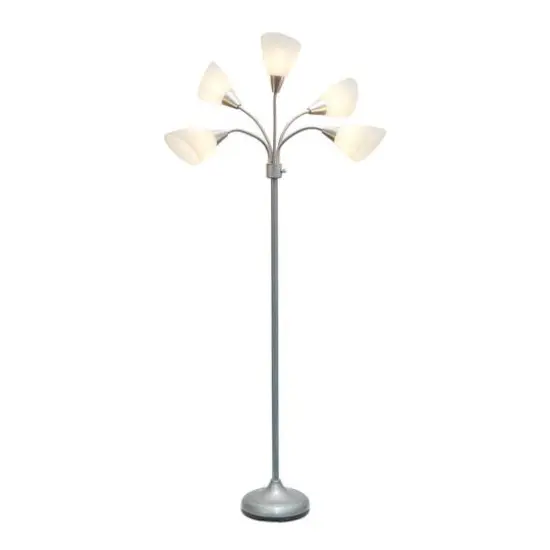 Simple Designs&trade; 5.6ft. 5-Light Gooseneck Silver Floor Lamp White Shades {3}