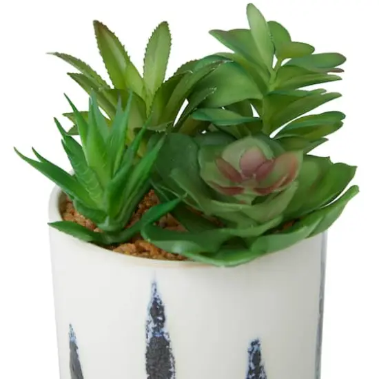 Green Faux Foliage Succulent in Patterned Porcelain Pot Set {4}