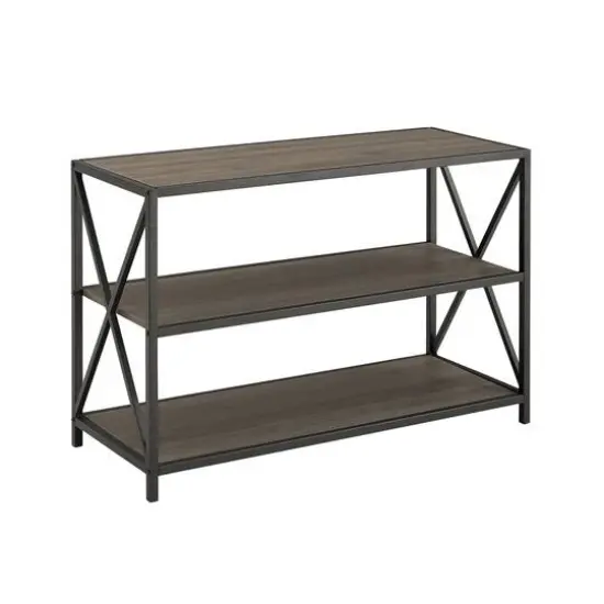 Walker Edison Slate Gray/Black Metal X-Frame Industrial Wood Bookshelf {1}