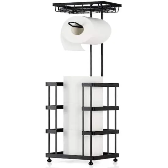 Black Freestanding Toilet Paper Holder with Basket {1}