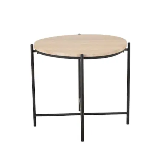 19.75" Beige Marble Accent Table with Black Metal Support {5}