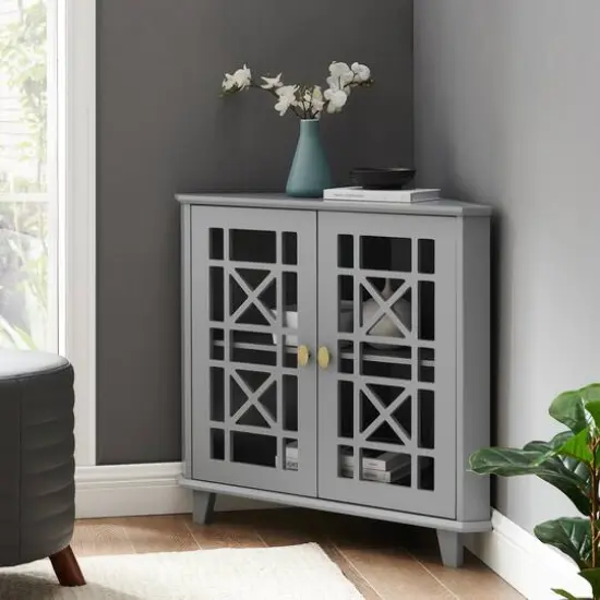 Walker Edison 30" Grey Fretwork Corner Accent Cabinet {4}