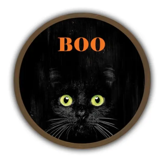 Boo Black Cat Round Framed Print Wall Art Brown {1}