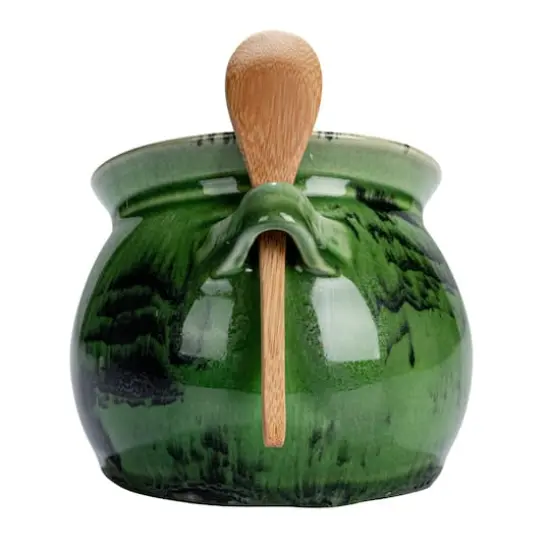 Hello Honey® 4" Green Stoneware Salt Dish with Acacia Wood Spoon {8}