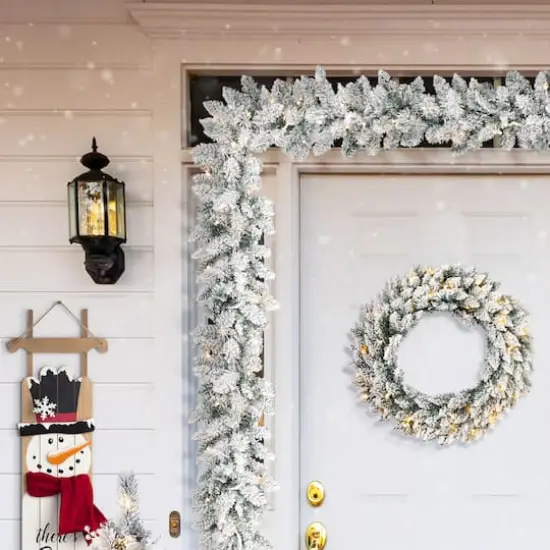 Glitzhome&reg; 36" Oversized Pre-Lit Snow Flocked Christmas Wreath & Garland Set {4}
