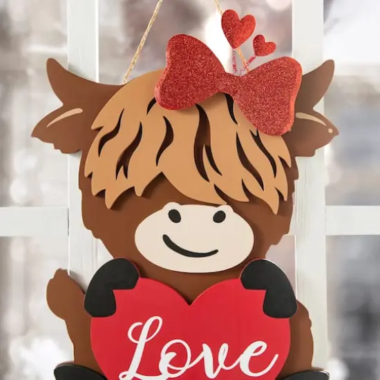 Glitzhome&reg; 18" Valentine's Wooden Highland Cow Door Hanger {6}