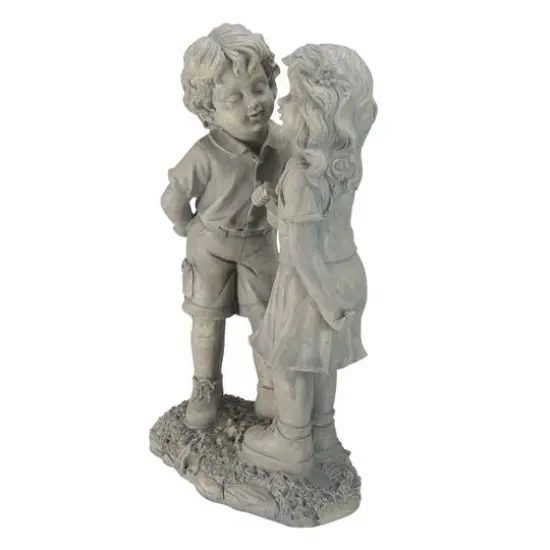 18.5" Weathered Gray Stone Boy & Girl First Kiss Outdoor Garden Statue {3}
