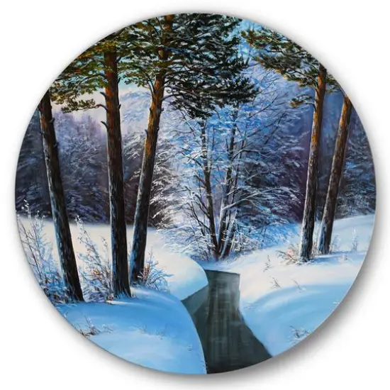 Designart - Christmas Forest With River and Trees III - Traditional Metal Circle Wall Art {2}