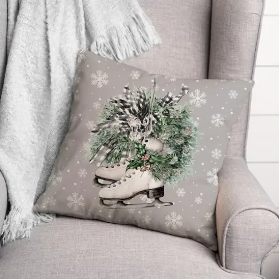 Neutral Ice Skates Wreath Throw Pillow {3}