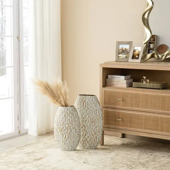 Glitzhome&reg; Gold & White Oval Textured Metal Floor Vases Set {6}