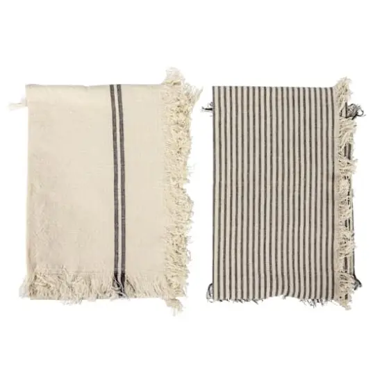 Hello Honey&reg; Natural & Black Stripes Woven Cotton Tea Towels with Fringe Set {1}