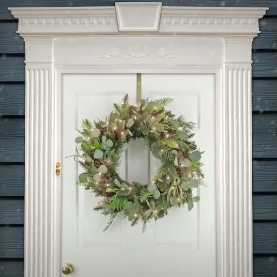 First Traditions&trade; 30'' Pre-Lit Artificial North Conway Wreath with Glittery Cones and Eucalyptus {3}