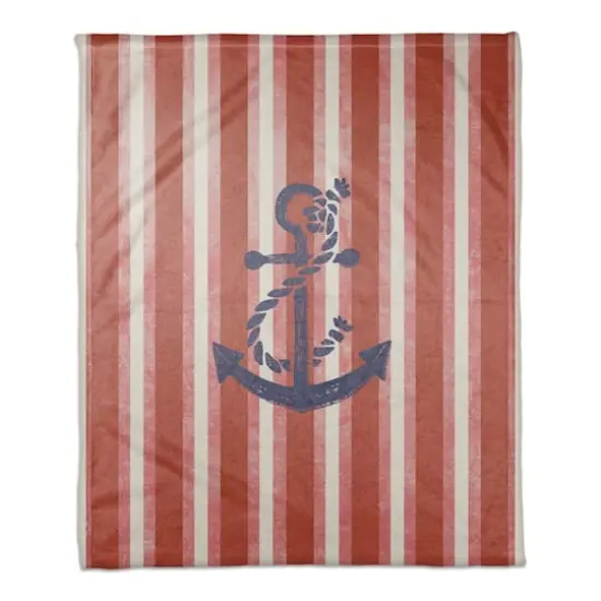 Red Stripes & Anchor Coral Fleece Blanket {1}