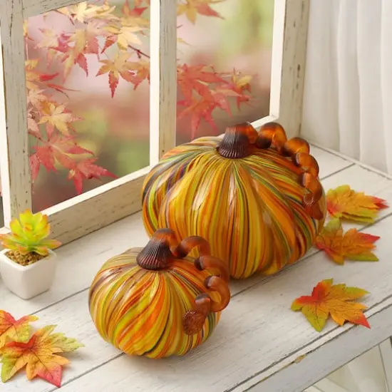 Glitzhome&reg; Short Glass Pumpkin, Multicolor Stripes {5}