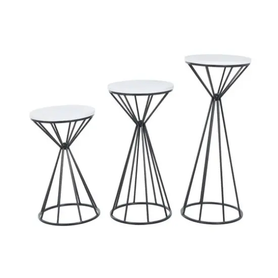 Black Metal Geometric Cone Shaped Rod Plant Stand with Marble Tabletop Set {1}
