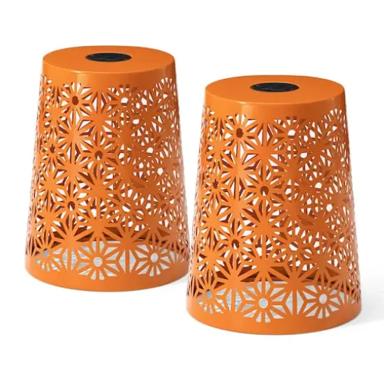 Glitzhome&reg; 17.5" Iron Geometric Pattern Solar Garden Stool Set Orange {1}