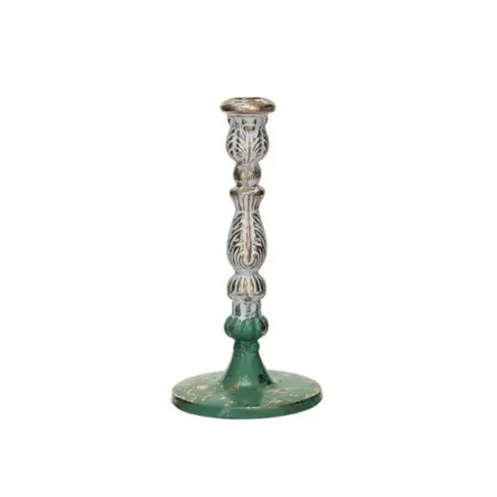 Hello Honey&reg; 9.25" Green, Gold and Cream Distressed Cast Metal Taper Candleholder {1}