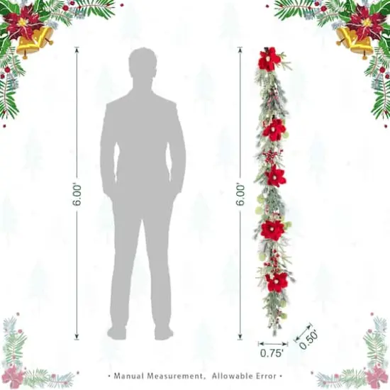 Glitzhome&reg; 6FT Christmas Red Mangnolia & Berry Garland {9}