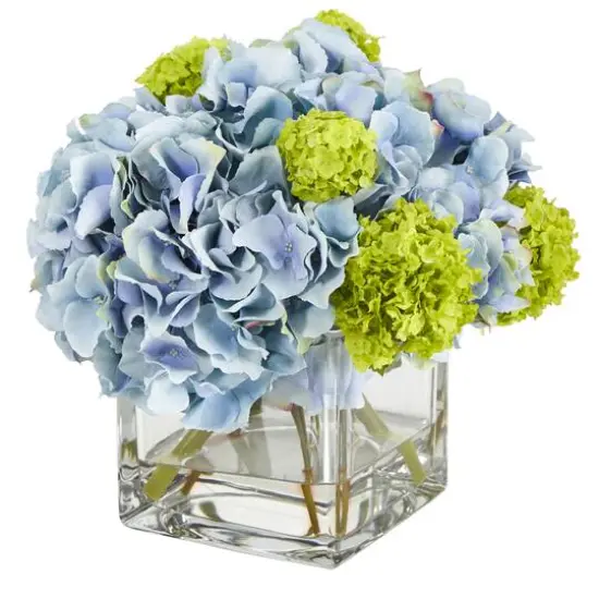 10" Hydrangea Artificial Arrangement in Glass Vase {1}