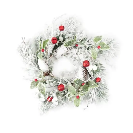 18" Flocked Pine, Holly Leaf & Sleigh Bell Candle Ring {3}