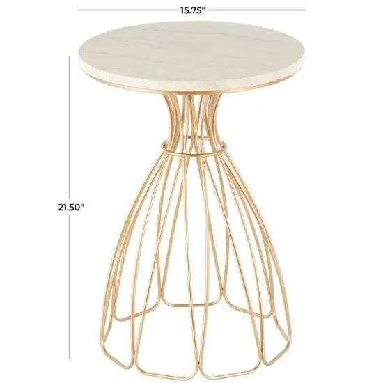21.5" Gold Metal Flower Inspired Accent Table with Cream Marble Tabletop {8}