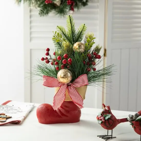 Glitzhome&reg; 14" Christmas Red Boot with Pine Needle & Berry Centerpiece {6}