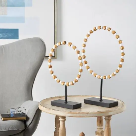 Brown Wood Geometric Beaded Ring Sculpture Set {7}