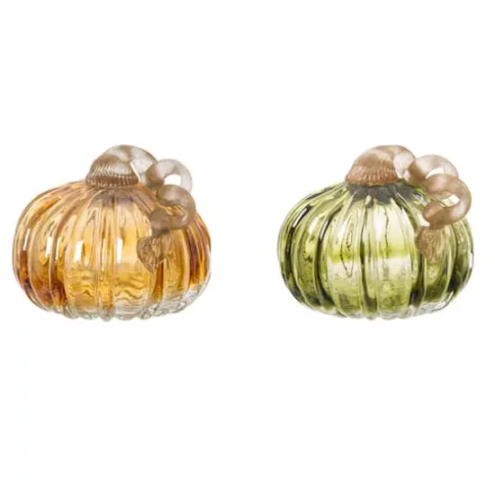 Glitzhome&reg; Green & Amber Crackle Glass Short Pumpkin Set {1}