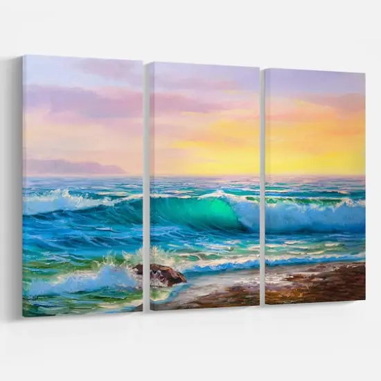 Designart - Sunsets over ocean waves - Sea & Shore Painting Print on Wrapped Canvas set {4}
