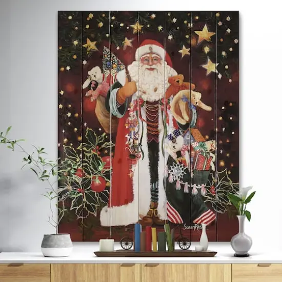 Designart Happy Santa Claus Christmas Print on Natural Pine Wood {4}