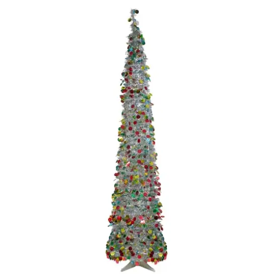 6ft. Pre-Lit Silver Tinsel Artificial Pop-Up Christmas Tree, Clear LED Lights {1}