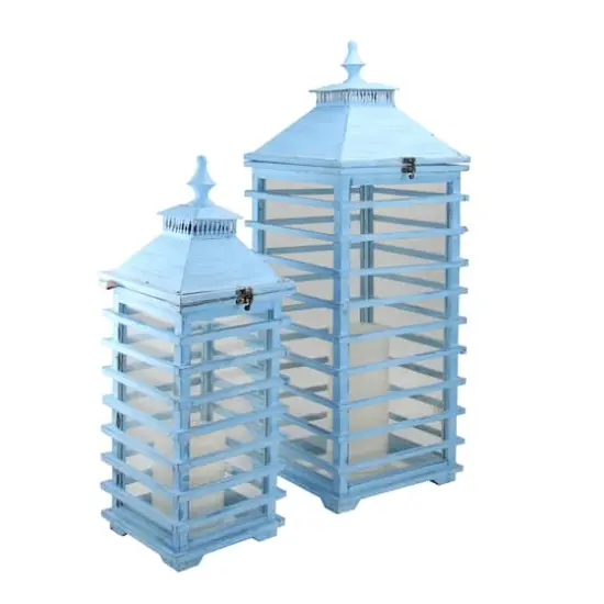 L'Eau de Fleur Distressed Blue Fir Wood Candle Lantern Set, 21" & 28" {4}