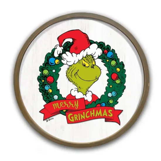 20" Merry Grinchmas Round Framed Print Brown Frame {1}
