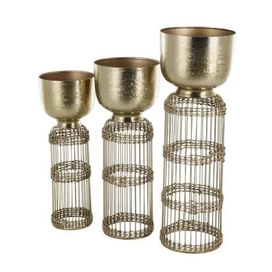Gold Metal Textured Rounded Dome Planter & Pedestal Base Set {6}