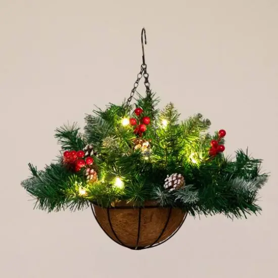 16" Artificial Pine & Berry Warm White LED Pre-Lit Hanging Basket {3}