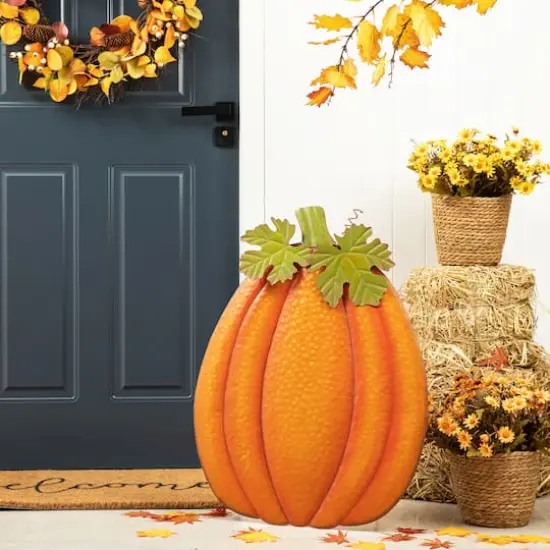 Glitzhome&reg; 3ft. Fall Metal Embossed Glitter Pumpkin Yard Stake {5}