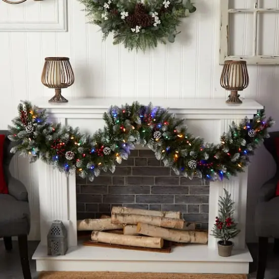 6ft. Pre-Lit LED Snow Tipped Extra Wide Christmas Garland with Pinecones & Berries {5}