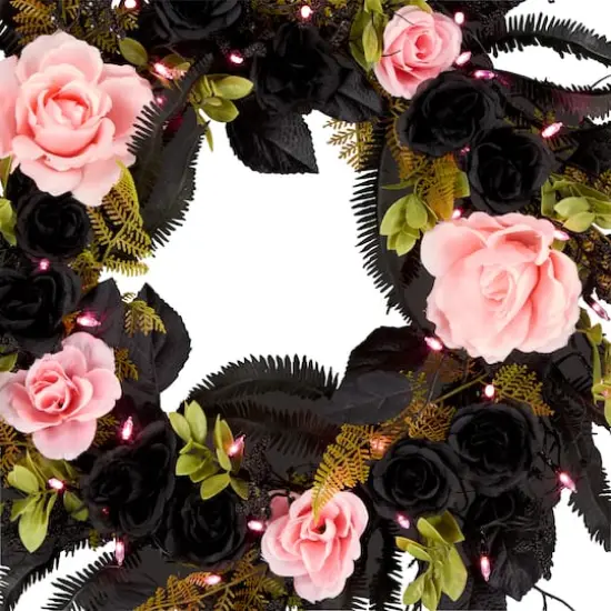 24" Cute & Creepy Black & Pink Flower Halloween Pre-Lit LED Wreath {4}