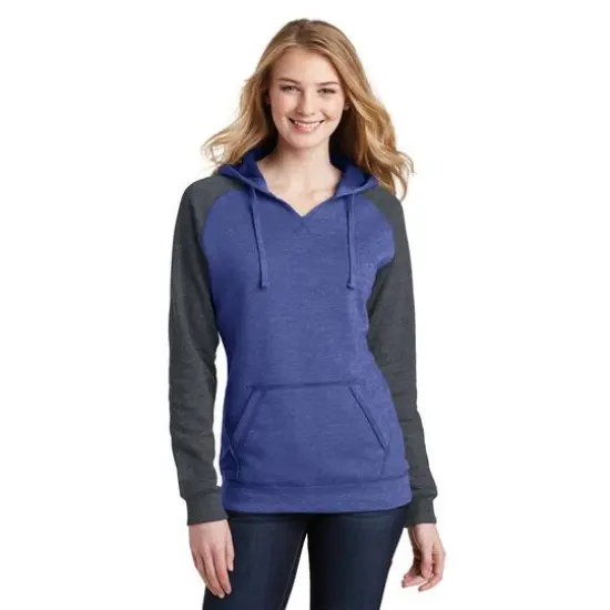 District&reg; Women's Lightweight Fleece Raglan Hoodie Heathered Deep Royal/Heathered Charcoal {4}