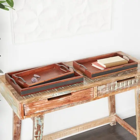 Brown & Black Wooden Nesting Tray with Metal Handles Set {3}