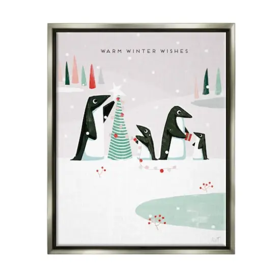 Stupell Industries Warm Winter Wishes Snowy Penguins Framed Floater Canvas Wall Art Gray {1}
