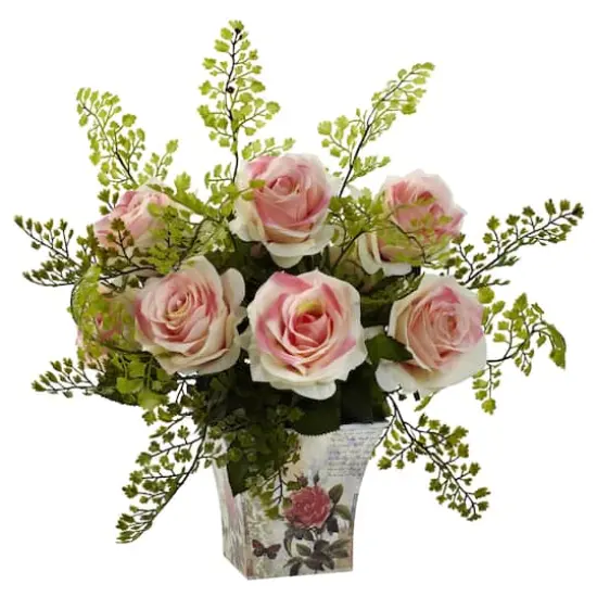 13" Light Pink Rose & Maiden Hair Arrangement in Floral Planter {1}