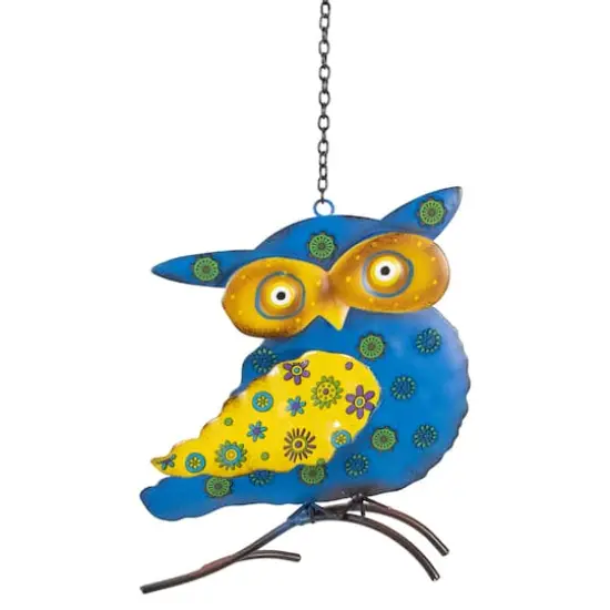 8" Blue & Yellow Metal Outdoor Wall Hanging Owl {1}