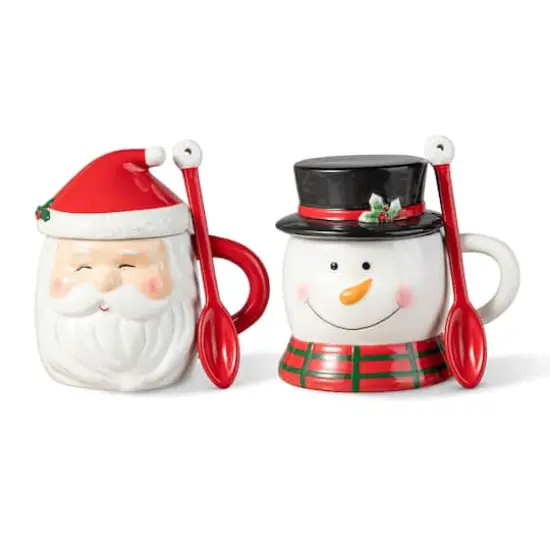 Glitzhome&reg; Christmas Ceramic Santa & Snowman Mug with Lid & Spoon Set {1}