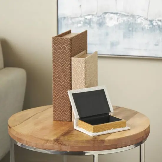 Brown & Cream Linen Fabric Chevron Patterned Decorative Book Storage Box, 3ct. {9}