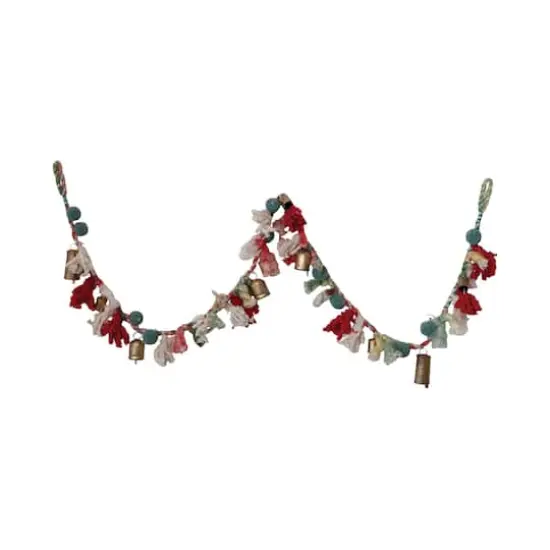 Hello Honey 6ft. Multicolor Handmade Wool & Cotton Blend Garland with Pom Poms & Antique Gold Metal Bells {1}