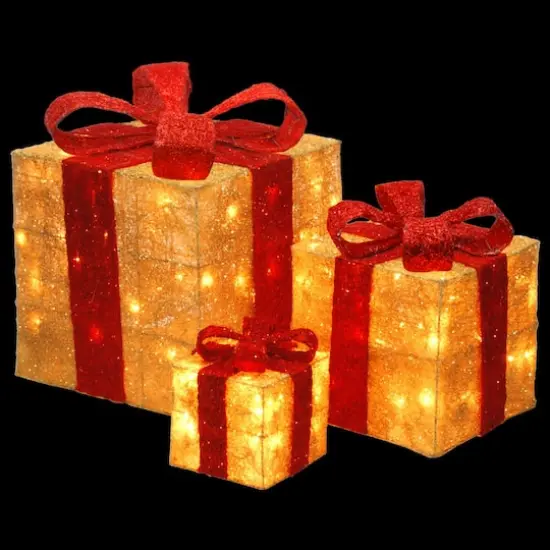 Set of 3 Gold Gift Boxes, Clear Lights {5}