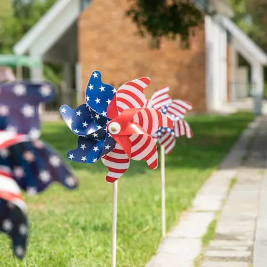 Glitzhome&reg; 32" Plastic Stars & Stripes Patriotic Windmill Set {5}