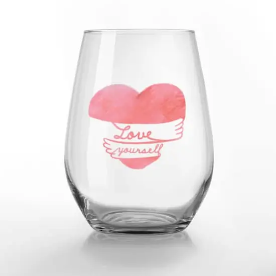 15oz. Love Yourself Heart Hug Printed Stemless Wine Glass {1}
